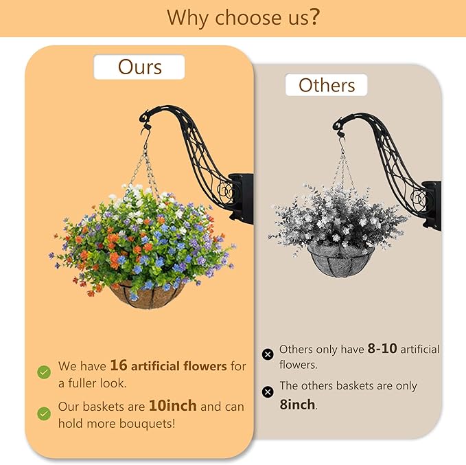 Artificial Hanging Flowers Basket for Outdoor, 16 Fake Flowers Look Real UV Resistant, Faux Hanging Plants for Porch, Balcony, Patio, Garden, Spring Summer Decor,MixA