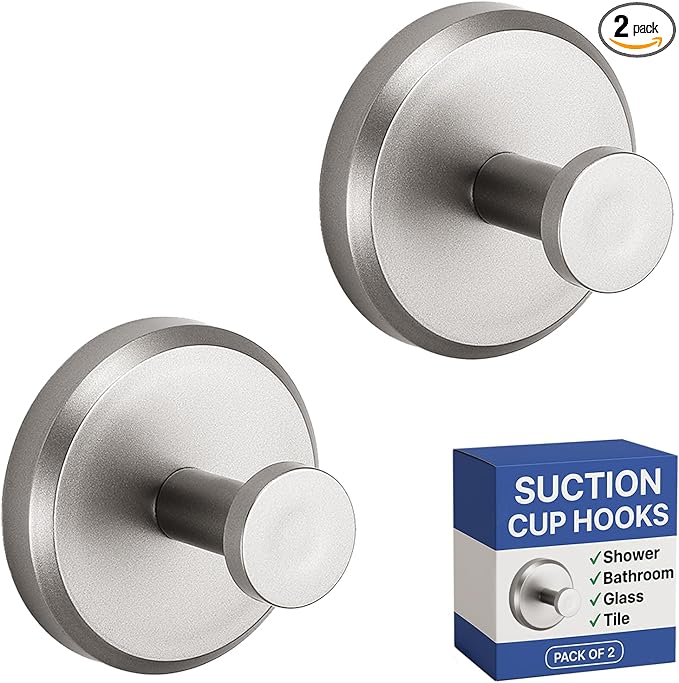 HOME SO Suction Cup Hooks for Shower, Bathroom, Kitchen, Glass Door, Mirror, Tile – Loofah, Towel, Coat, Bath Robe for Hanging up to 15 lbs – Polished Matte Chrome, Brushed Nickel (2-pack)