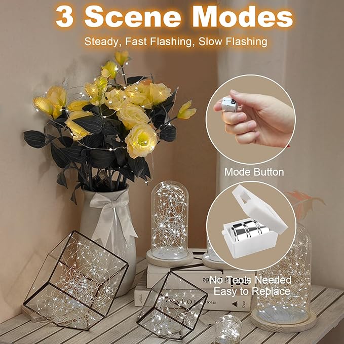 50 Pack Fairy Lights Battery Operated - 3 Speed Modes, 7Ft 20 LED String Twinkle Lights, Waterproof Copper Wire, Mini Firefly Light for Mason Jars Vases Christmas Decor, White