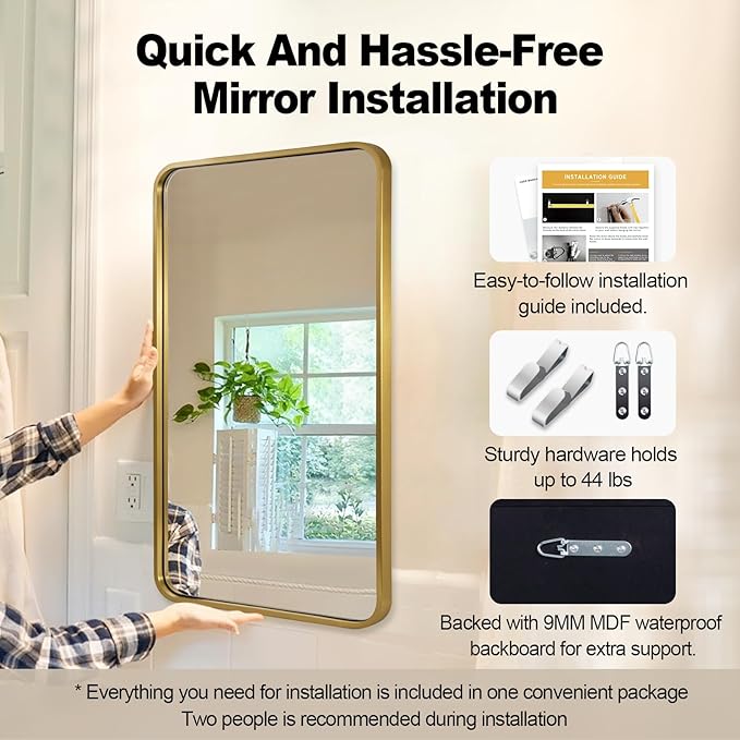 ANDY STAR 24x40 Inch Gold Bathroom Mirror, Rounded Rectangle Mirror, Brushed Brass Bathroom Vanity Mirror Oblong Tube Metal Framed, SUS304-Anti-Rust, Wall-Mounted Horizontal/Vertical 1’’ Deep
