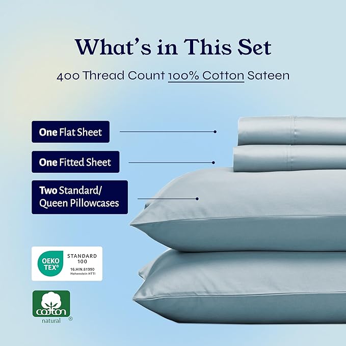 California Design Den Queen Sheet Set - Soft 400 Thread Count Sateen, Natural 100% Cotton Sheets for Queen Size Bed, Deep Pockets for a Snug Fit, Durable Bedding - Sky Blue