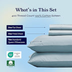 California Design Den Queen Sheet Set - Soft 400 Thread Count Sateen, Natural 100% Cotton Sheets for Queen Size Bed, Deep Pockets for a Snug Fit, Durable Bedding - Sky Blue