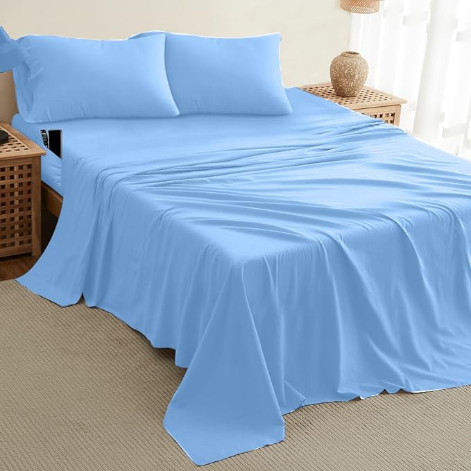 DREAMCARE Full Size Sheets – 4 pc – up to 21” Deep Full Sheet Set – Hotel Luxury Sheets & Pillowcases – Superior Softness 100% Fine Microfiber with Side Pocket – Light Blue