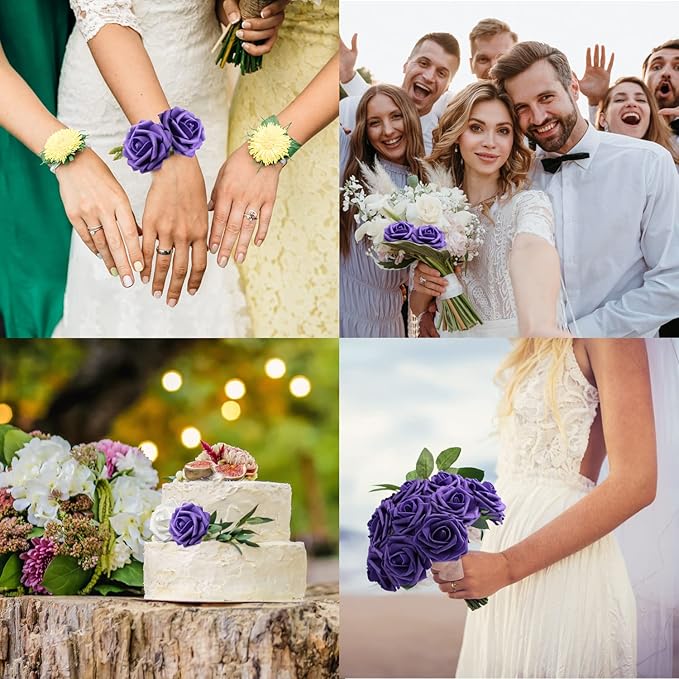 Artificial Flowers Realistic Roses, 50pcs Real Looking Fake Roses with Stem for DIY Wedding Bouquets Centerpieces Bridal Shower Party Home Romantic Decorations (Regular 3" - 50pcs, Dark purple)