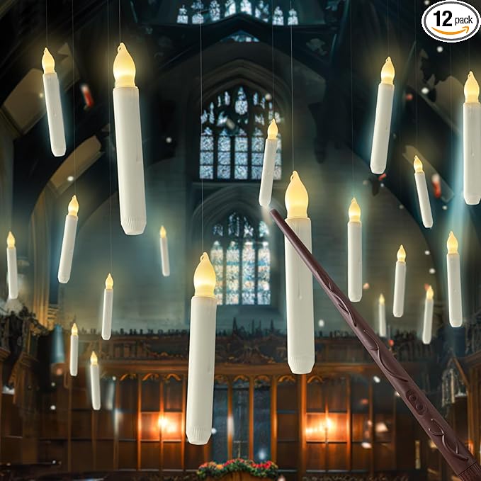 Homemory Hanging Floating Candles with Wand Remote and String, 12 Pcs Flying Flameless LED Taper Candles Warm White Light, Battery Operated Window Candles with Wand for Halloween Christmas Party
