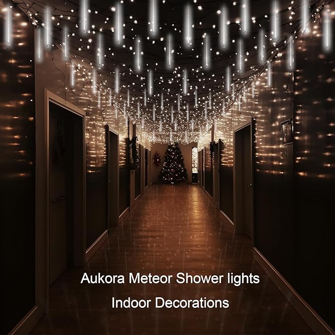 Aukora Christmas String Lights Outdoor, LED Meteor Shower Light 11.8 inch 8 Tubes 192leds, Icicle Snow Falling Lights for Xmas Tree Wedding Party Holiday Garden Thanksgiving Decoration (White)
