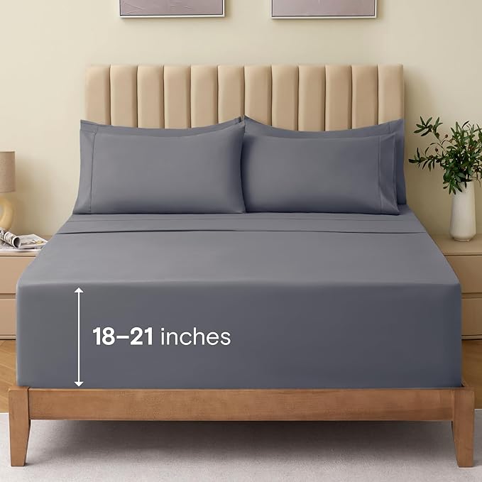 LuxClub 4 PC Queen Sheet Set, Bed Sheets Queen Size, Deep Pockets Wrinkle Free Cooling Bed Sheets Machine Washable Hotel Bedding Silky Soft - Light Grey Queen