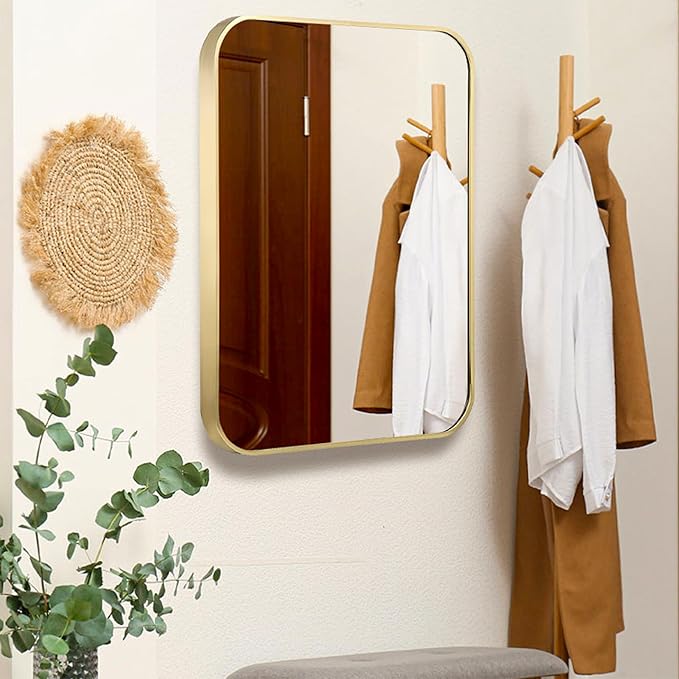 22"x30" Matte Gold Mirror for Wall, Brushed Metal Framed Rounded Corner Rectangular Mirror for Bathroom Vanity,Entryway,Living Room,Bedroom,Vertical or Horizontal