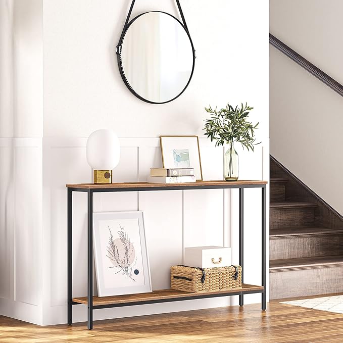 HOOBRO Console Table, 47.2" Narrow Entryway Table, Industrial Sofa Table with Shelf, Entrance Table for Living Room, Hallway, Foyer, Corridor, Office, Metal Frame, Rustic Brown and Black BF20XG01G1