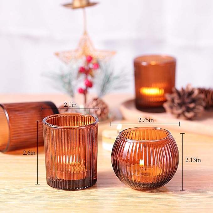 30pcs Assorted Ribbed Amber Votive Candle Holders, Amber Tea Lights Candle Holder for Wedding Decorations, Clear Glass Candle Holders for Fall Decor, Vintage Boho Party Home Table Centerpieces Decor