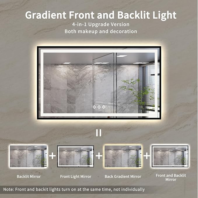 LED Mirror, 60x36 Inch Black Framed Gradient Front and Backlit Bathroom Mirror Black Frame, 3 Colors Dimmable CRI>90, IP54 Enhanced Anti-Fog Wall Mounted Bathroom Vanity Mirror
