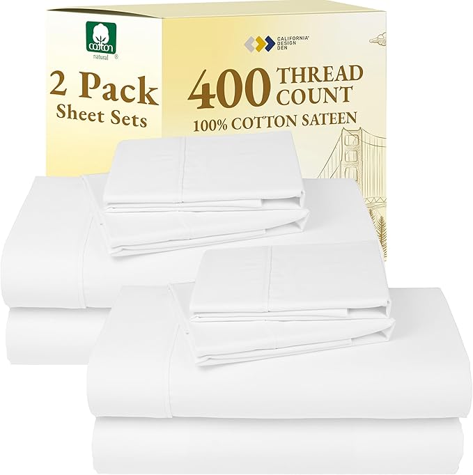 California Design Den 2-Pack Bed Sheets Full Size - 400 Thread Count 100% Cotton Sateen - Extra Soft, Breathable & Cooling Sheets, Wrinkle Resistant, 2 Sets of Deep Pocket Bed Sheets - Antique White