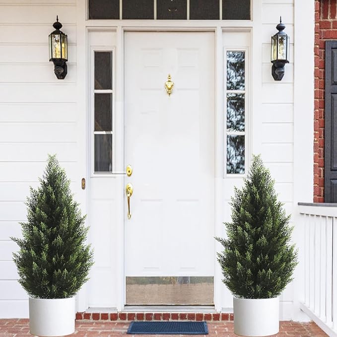 3FT Artificial Topiary Tree Realistic Faux Cedar Pines Christmas Trees UV Rated Fake Shrubs for Front Porch Faux Plants Indoor and Outdoor Decor (2 Pack)