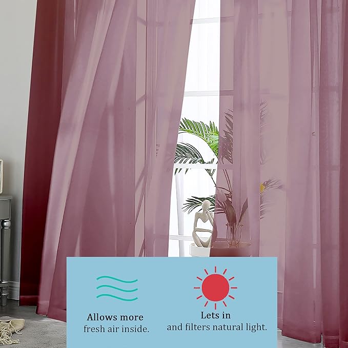 OWENIE Sheer Curtains, 45" Long Light Filtering Tiers for Kitchen, Bedroom, 2 Panels, Cafe Curtains for Small Window, 42" W x 45" L, Burgundy