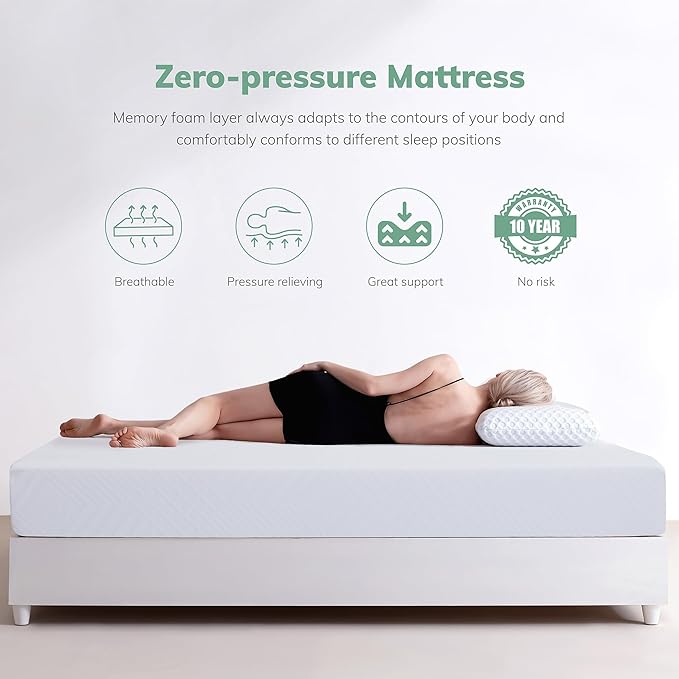 EGO White 10 inch Twin Memory Foam Mattress, Gel Green Tea Mattress Bed in a Box, CertiPUR-US Certified, 38"×75", Medium Firm