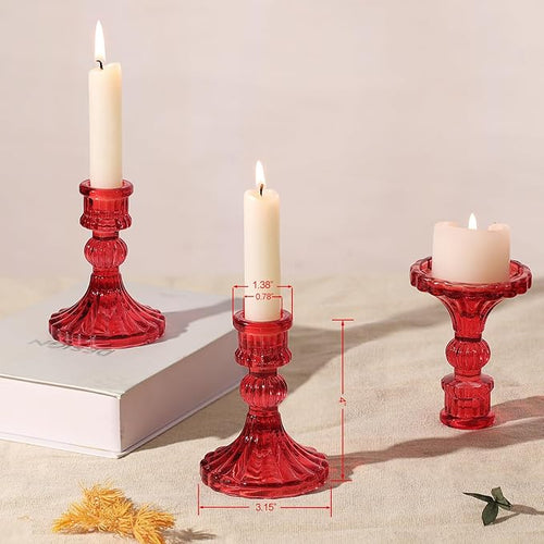 12PCS Red Candlestick Holders Set- 4" H Taper Candle Holders, Glass Candle Holders Bulk for Activities, Party, Home Table Centerpieces, Festival Gifts & Windowsill Decor
