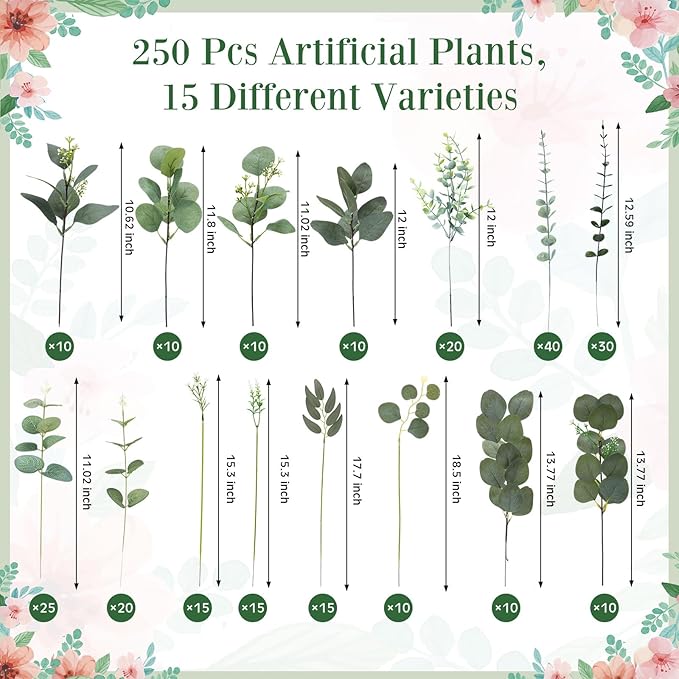 250 Pcs Artificial Eucalyptus Leaves Stem Bulk Fake Greenery Faux UV Resistant Sprays Silver Dollar Eucalyptus for DIY Wedding Bouquet Vase Floral Arrangement Decor (Green,15 Kinds)