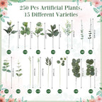 250 Pcs Artificial Eucalyptus Leaves Stem Bulk Fake Greenery Faux UV Resistant Sprays Silver Dollar Eucalyptus for DIY Wedding Bouquet Vase Floral Arrangement Decor (Green,15 Kinds)
