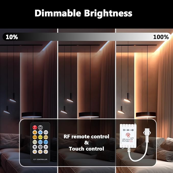 COB LED Strip Lights, Tunable White 2700K-6500K COB Light Strip with RF Remote, 3040 LEDs, CRI90+, 24V Adapter, Dimmable High Density Uniform LED Lights for Bedroom, Kitchen, Cabinet, 16.4ft