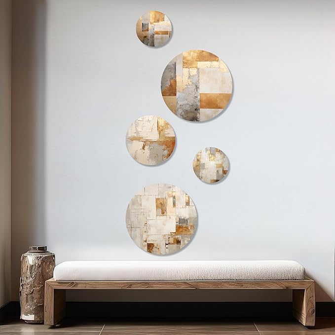 DesignQ Traditional Metal Wall Art Decor Set - Beige Metal Wall Art For Living Room - Serene Art Of Modern Scandinavian In Minimalism Set Of 5 round metal - 80" wide x 36" high - 5 metal wall Panels
