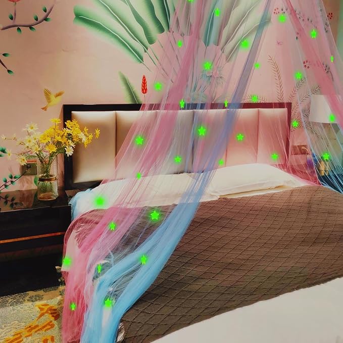 Eimilaly Two-Tone Bed Canopy Stars Glow in The Dark Pink Blue, Mosquito Net Bed Canopy for Girls Room Decor, Single Door