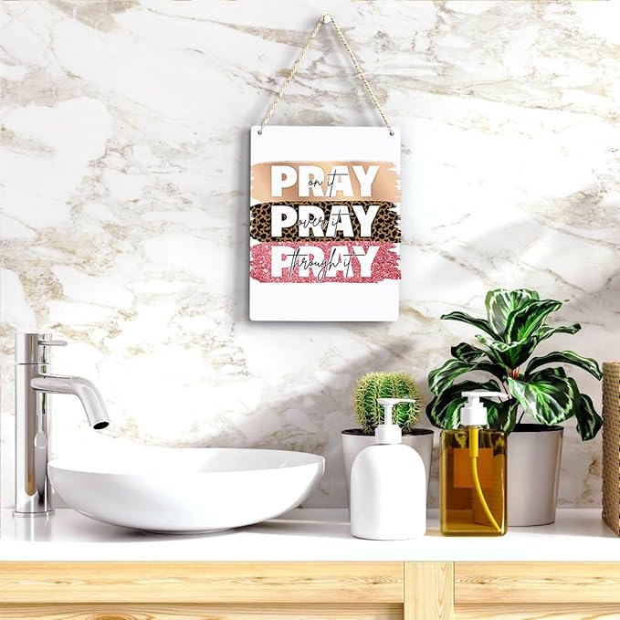 Inspirational Decor Pray On It Bible Verse Wall Art Christian Gifts for Women Scripture Wooden Hanging Sign for Modern Home Office Kids Room Bathroom Bedroom Wall Art Decoration 8 x 10 Inches