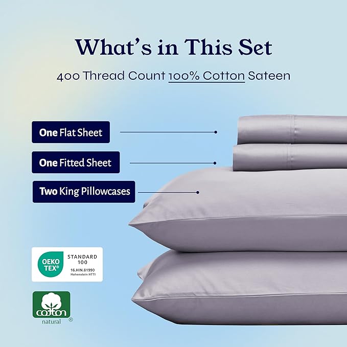 California Design Den Soft 400 Thread Count Natural 100% Cotton Sheets Sateen, King Bed Sheets Set, Deep Pockets, All-Around Elastic for a Snug Fit, Cool & Durable Bedding Set - Dusky Lavender Grey