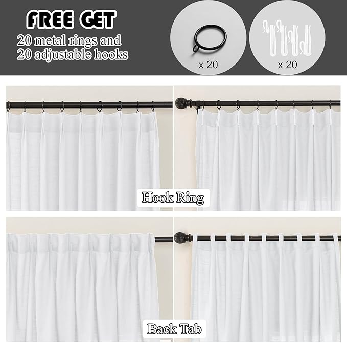 White Sheer Linen Pinch Pleated Sliding Door Curtains, 2x50 Inches Width, Cotton Look Light Filtering Drapes 84 Inches Long, Soft Textured Modern Farmhouse Window Curtain Panels