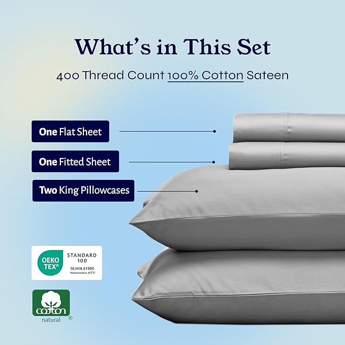 California Design Den King Bed Sheets Set - Soft 400 Thread Count Sateen, Natural 100% Cotton Sheets, Deep Pockets with All Around Elastic for a Snug Fit, Cool & Durable Bedding Set - Light Grey