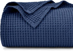 PHF 100% Cotton Waffle Weave Blanket King Size for Bed,Snag Proof Lightweight Breathable Throw for Couch,Great for Layering in Cold Weather,Machine Washable,Home Decor Gift-Navy Blue/Bright Blue