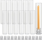 12 Set Christmas Glass Hurricane Candle Holders 12.6" Open Ended Glass Candleholder Tube Shape Bottomless and 2.2" Taper Clear Candlestick Holders for Wedding Party Table Centerpiece (Clear)