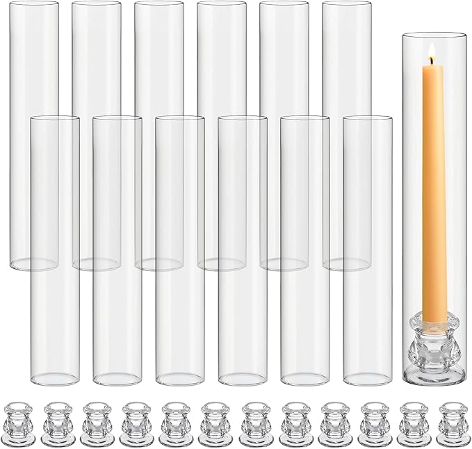 12 Set Christmas Glass Hurricane Candle Holders 12.6" Open Ended Glass Candleholder Tube Shape Bottomless and 2.2" Taper Clear Candlestick Holders for Wedding Party Table Centerpiece (Clear)