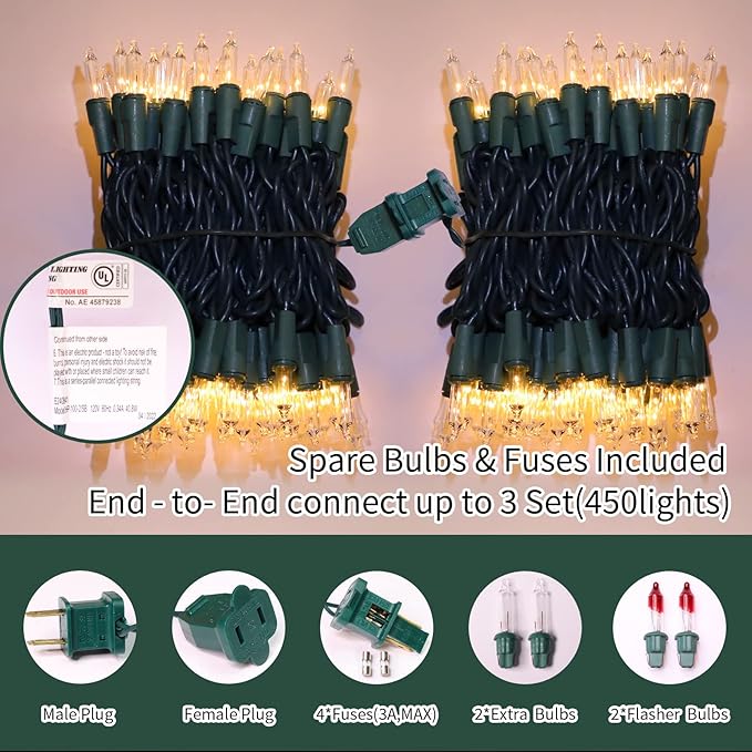 LAMPHOME Super-Bright Extendable Warm White Christmas Lights Decoration 300Lights 63.8ft(2pk of 150L) UL Certified Mini Bulb String Lights Set for Outdoor Christmas Tree Garden Holiday Party Decor