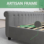 AMERLIFE Queen Size Platform Bed Frame, Velvet Upholstered Sleigh Bed with Scroll Wingback Headboard & Footboard/Button Tufted/No Box Spring Required/Grey