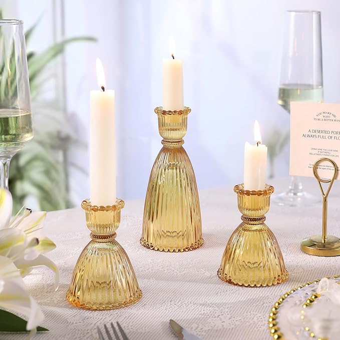 6 Pcs Amber Glass Candlestick Holders (3.5"/6", Assorted)- Tall Taper Candle Holders with Vintage Design, Candle Stick Holders in Bulk for Fall Party Decor, Amber Candle Holder for Tapered Candles