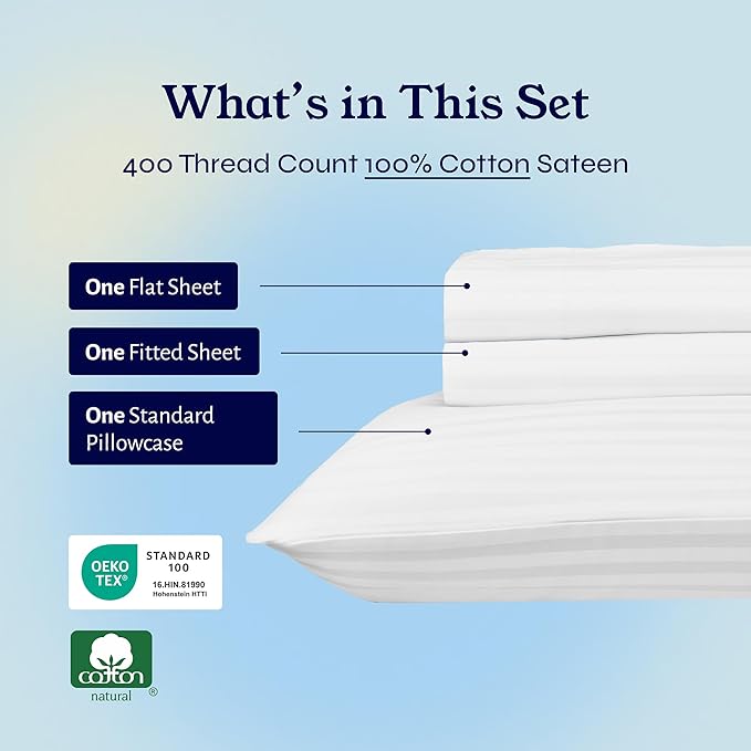 California Design Den Striped Twin Sheets Set - Soft 400 Thread Count Sateen, Natural 100% Cotton Sheets Twin Size Bed Set with Deep Pockets, Cooling and Durable Bedding - Striped White