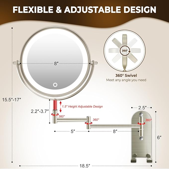 8" Wall Mounted Lighted Makeup Mirror, 3000mAh Rechargeable Double Sided 1X/10X Magnifying Mirror with Hook, 3 Color Lights Touch Dimmable 360° Rotation Vanity Mirror for Bathroom