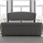 AMERLIFE King Size Platform Bed Frame, Velvet Upholstered Sleigh Bed with Scroll Wingback Headboard & Footboard/Button Tufted/No Box Spring Required/Grey