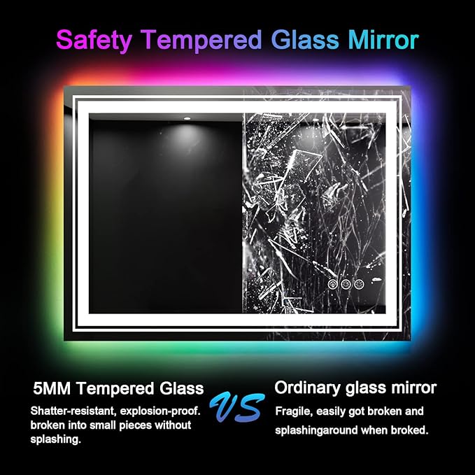 LED Mirror for Bathroom, 40"X32" with 8 RGB Backlit +3 Front Lit (Adjustable Individually), Anti-Fog, Lighted Bathroom Vanity Mirror for Wall, Shatterproof, Memory Function, Tempered Glass