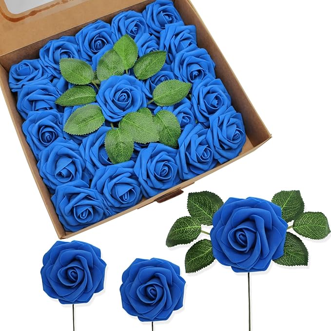 Artificial Flowers Realistic Roses, Real Looking Fake Roses with Stem for DIY Wedding Bouquets Centerpieces Bridal Shower Party Home Romantic Decorations (Royal Blue, Regular 3" - 200pcs)