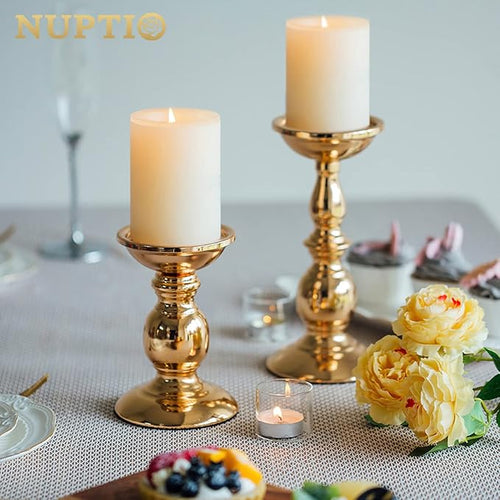 2 Pcs Gold Pillar Candle Holders, Gold Candlestick Most Ideal for 3" Pillar Candles, Gifts for Wedding, Party, Home, Spa, Reiki, Votive Candle (S + L)