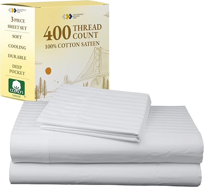 California Design Den Striped Twin Sheets Set - Soft 400 Thread Count Sateen, Natural 100% Cotton Sheets Twin Size Bed Set with Deep Pockets, Cooling and Durable Bedding - Striped White