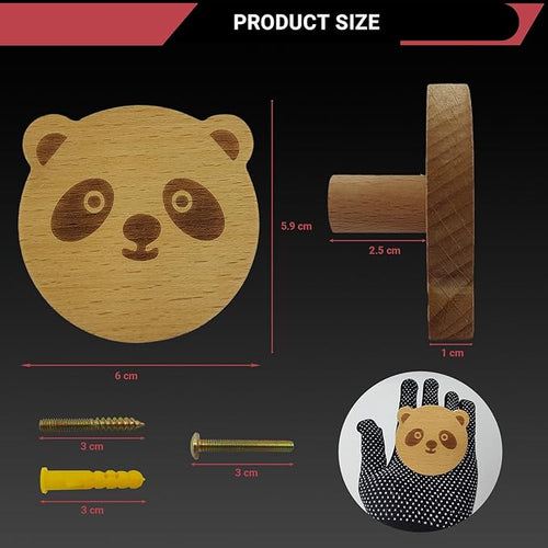 6PCS Wooden Panda Shaped Cabinet Knobs, Cabinet Handles, Single Hole Beech Wood Handles, Wood Hooks with Full Set of Screw Accessories