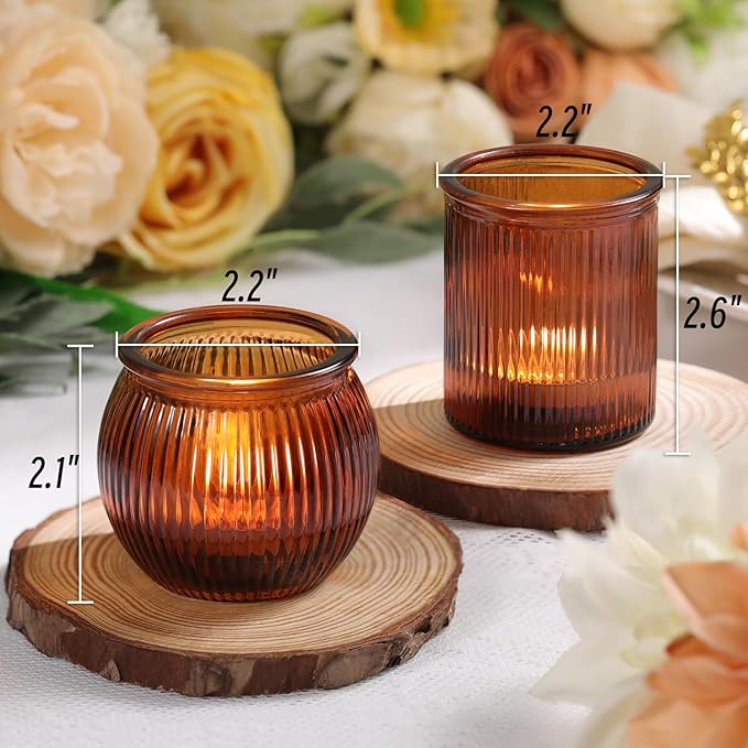 24pcs Assorted Amber Votive Candle Holders for Table Centerpiece, Fall Centerpieces for Tables, Ribbed Tea Lights Candle Holder for Wedding, Holiday and Vintage Decor