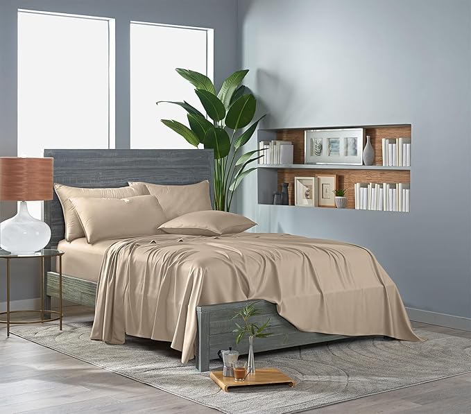 King Sheets by Pure Bamboo, Genuine 100% Organic Viscose Derived from Bamboo Bed Sheet Set, Luxuriously Soft & Cooling, Double Stitching, Lifetime Quality Promise (King, Almond)