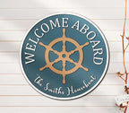 Custom Welcome Aboard Name Sign, Personalized Wooden Ocean Family Name Sign, Coastal Rustic Style, 8"x8", Color 4, Door Mount, Bedroom Office Decor