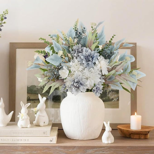 2 Pcs Fake Artificial Flowers Bouquet for Decoration, Silk Flower Arrangements Faux Flowers Plant Wedding Bride Bouquets Tables Centerpieces for Home Decor Indoor Vase Floral Table Decor (Blue White)