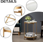 HollyHOME 2-Tier Round Gold Side Table, Outdoor Small Folding Accent Stand with Removable Tray, Anti-Rust Metal Asional Table for Balcony Patio Living Room, Nightstand for Bedroom(Gold&White)