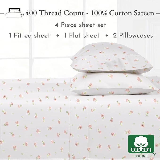 California Design Den Queen Sheet Set - 400 Thread Count Sateen, Natural 100% Cotton Sheets, Deep Pocket Cooling and Durable Bedding - Soft Floral