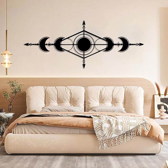 Hfrolixit Moon Phase Metal Wall Decor, Boho Moon Metal Wall Art, Celestial Wall Decor, Scandinavian Natural Wall Art, Astrology Wall Hanging (Silver, 53"x21"/135x54cm)